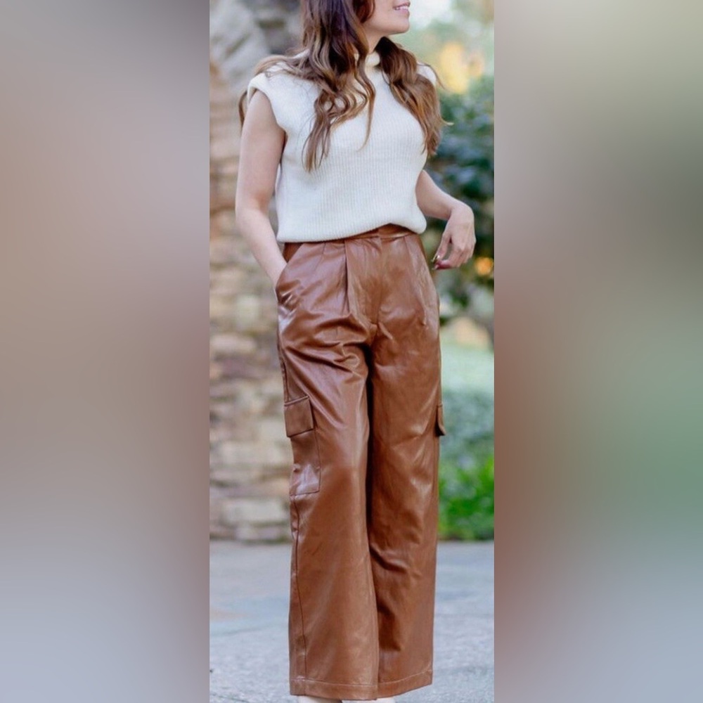 Anthropologie x TwentySixHundred faux leather cargo pants camel color size 10